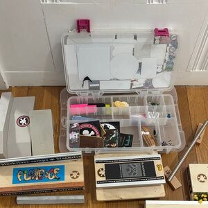 Clear Plastic Craft Organizer with Pink Latches and Assorted Inserts